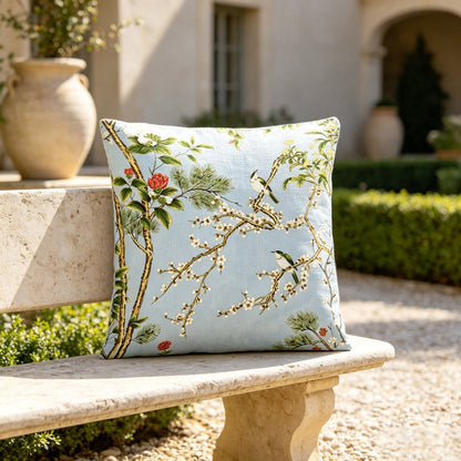 Spa Blue Pillow Cover, Designer Pillows Cover, Chinoiserie Pillows Cover. Soft Blue Chinoiserie Bird And Blossom Decorative Throw Pillow Cover Floral Branch Landscape Pattern Square Cushion Cover For