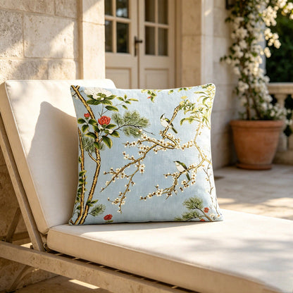 Spa Blue Pillow Cover, Designer Pillows Cover, Chinoiserie Pillows Cover. Soft Blue Chinoiserie Bird And Blossom Decorative Throw Pillow Cover Floral Branch Landscape Pattern Square Cushion Cover For