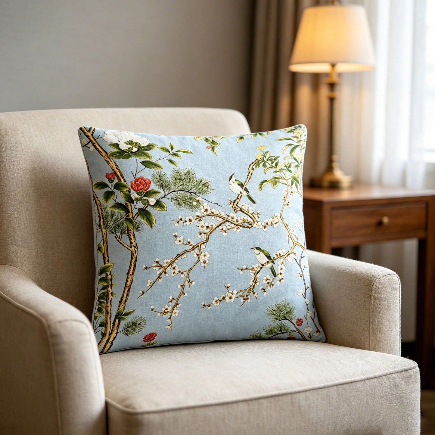 Spa Blue Pillow Cover, Designer Pillows Cover, Chinoiserie Pillows Cover. Soft Blue Chinoiserie Bird And Blossom Decorative Throw Pillow Cover Floral Branch Landscape Pattern Square Cushion Cover For
