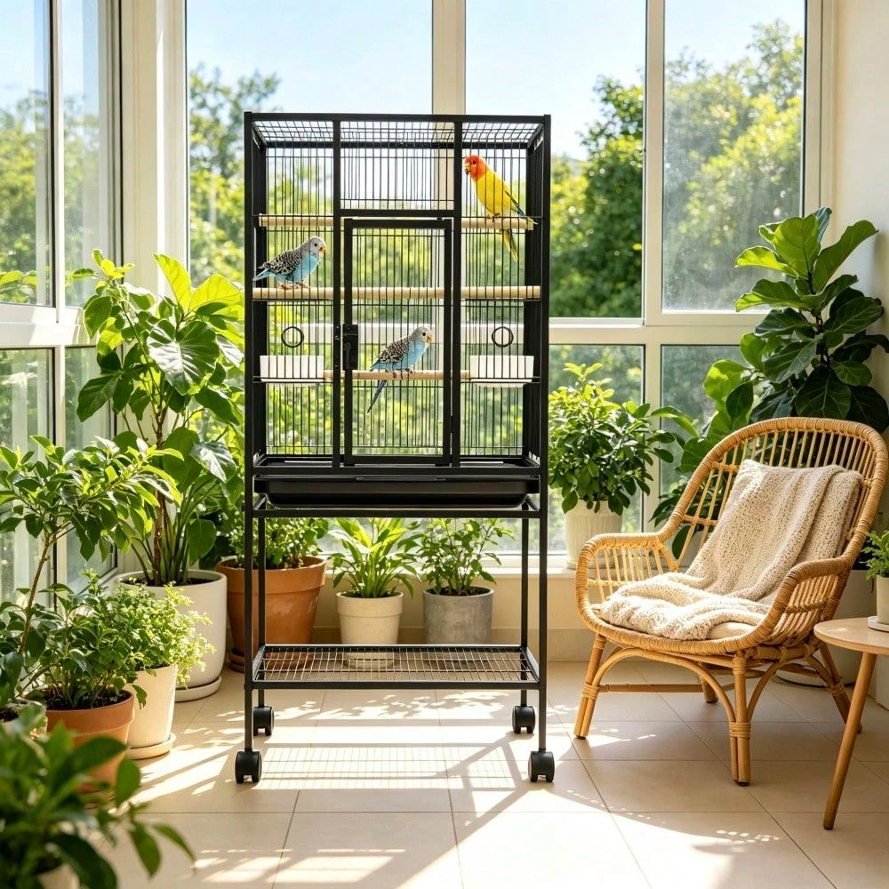Spacious Metal Bird Cage For Parakeets, Parrots, Cockatiels, Conures, Cockatoos – Tall 62" Flight Aviary With Rolling Stand, Storage Shelf, Feeding Bowls, Black