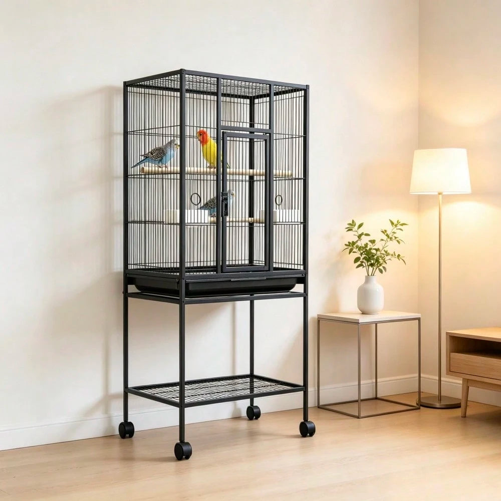 Spacious Metal Bird Cage For Parakeets, Parrots, Cockatiels, Conures, Cockatoos – Tall 62" Flight Aviary With Rolling Stand, Storage Shelf, Feeding Bowls, Black