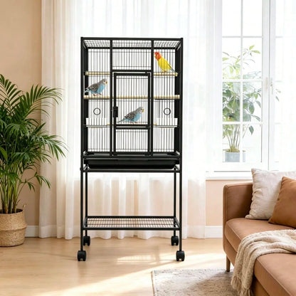 Spacious Metal Bird Cage For Parakeets, Parrots, Cockatiels, Conures, Cockatoos – Tall 62" Flight Aviary With Rolling Stand, Storage Shelf, Feeding Bowls, Black