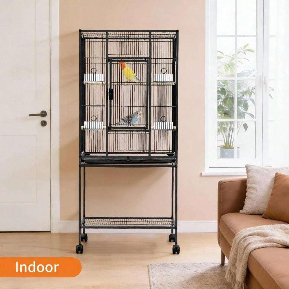 Spacious Metal Bird Cage For Parakeets, Parrots, Cockatiels, Conures, Cockatoos – Tall 62" Flight Aviary With Rolling Stand, Storage Shelf, Feeding Bowls, Black