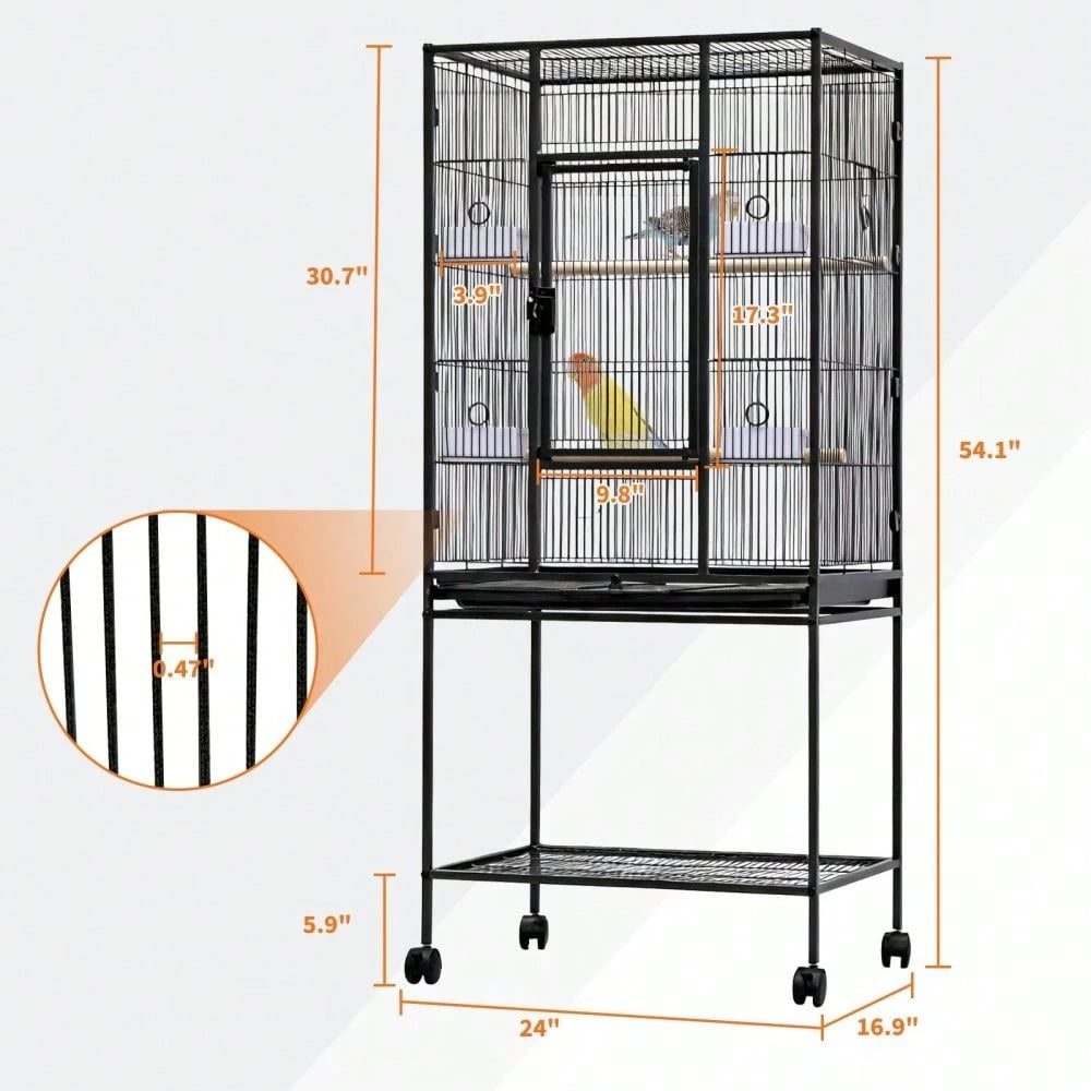 Spacious Metal Bird Cage For Parakeets, Parrots, Cockatiels, Conures, Cockatoos – Tall 62" Flight Aviary With Rolling Stand, Storage Shelf, Feeding Bowls, Black