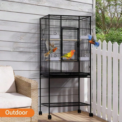Spacious Metal Bird Cage For Parakeets, Parrots, Cockatiels, Conures, Cockatoos – Tall 62" Flight Aviary With Rolling Stand, Storage Shelf, Feeding Bowls, Black