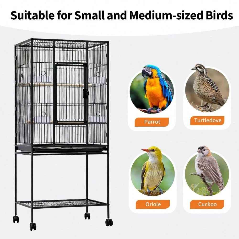 Spacious Metal Bird Cage For Parakeets, Parrots, Cockatiels, Conures, Cockatoos – Tall 62" Flight Aviary With Rolling Stand, Storage Shelf, Feeding Bowls, Black