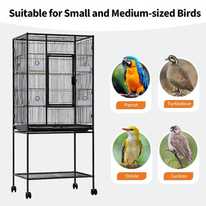 Spacious Metal Bird Cage For Parakeets, Parrots, Cockatiels, Conures, Cockatoos – Tall 62" Flight Aviary With Rolling Stand, Storage Shelf, Feeding Bowls, Black