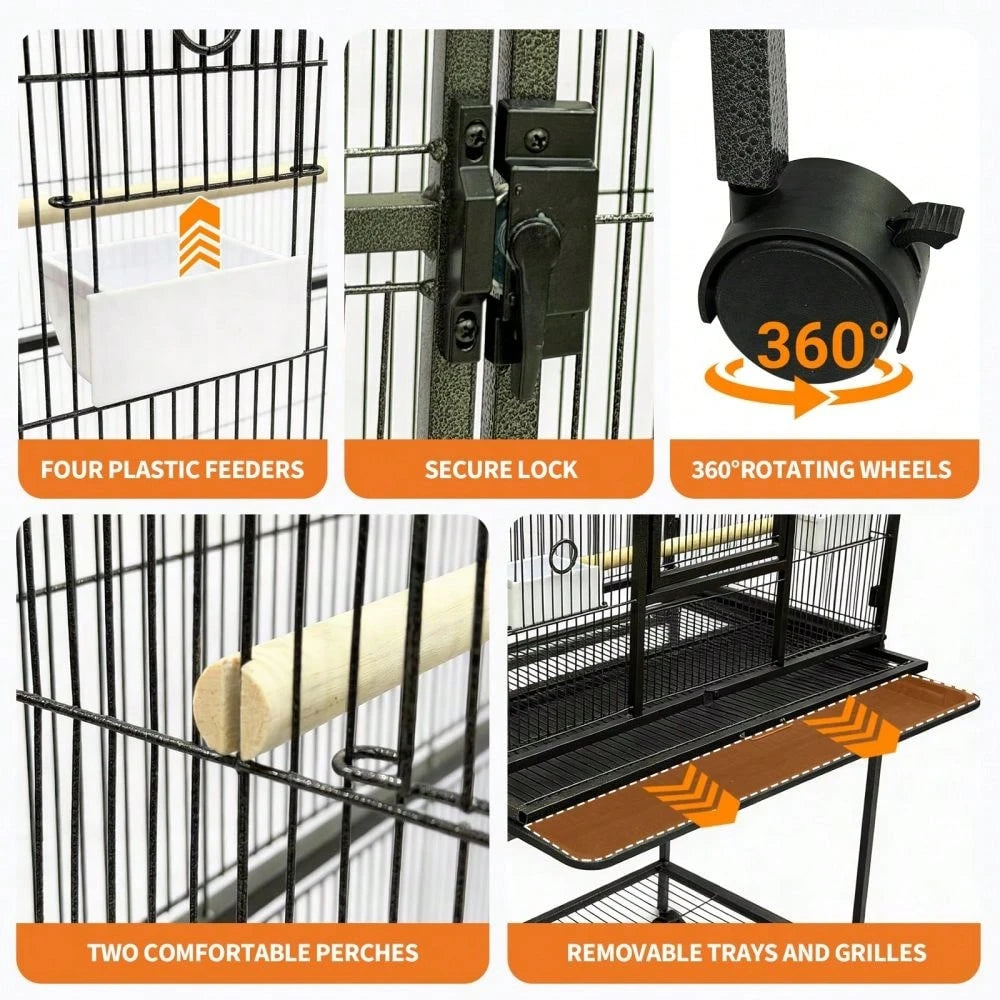 Spacious Metal Bird Cage For Parakeets, Parrots, Cockatiels, Conures, Cockatoos – Tall 62" Flight Aviary With Rolling Stand, Storage Shelf, Feeding Bowls, Black