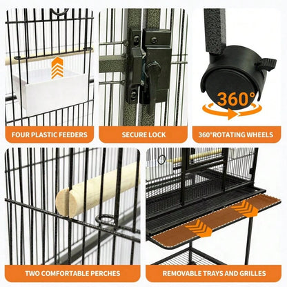 Spacious Metal Bird Cage For Parakeets, Parrots, Cockatiels, Conures, Cockatoos – Tall 62" Flight Aviary With Rolling Stand, Storage Shelf, Feeding Bowls, Black