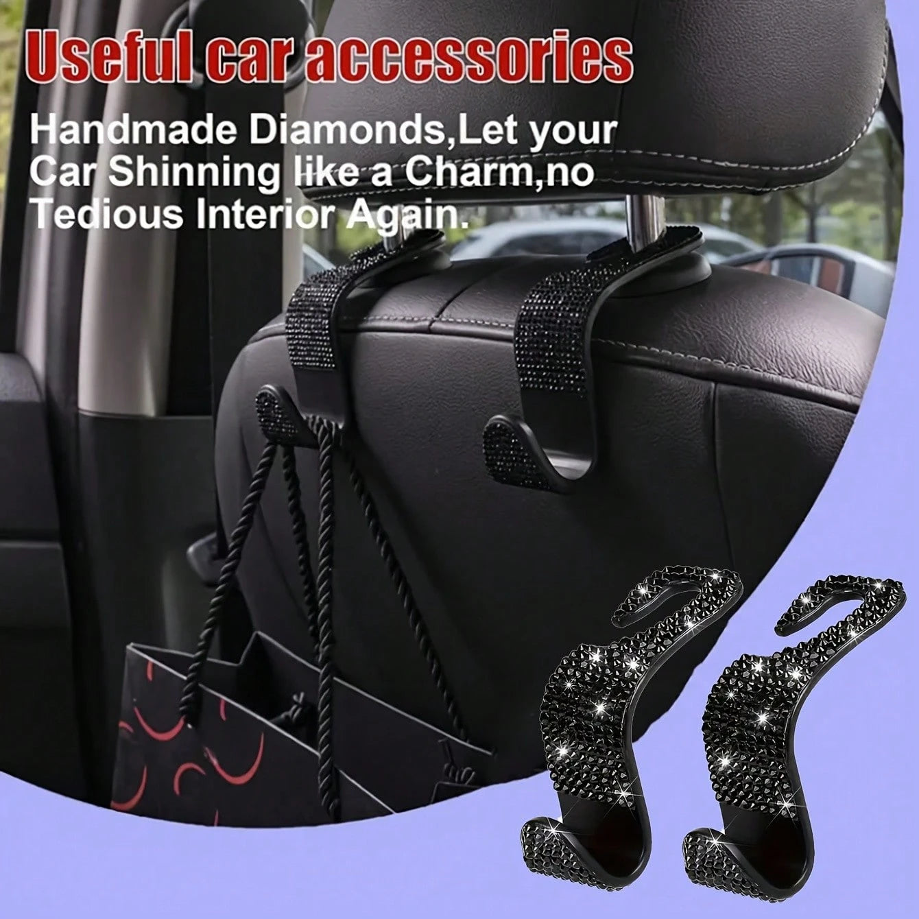 Sparkling Rhinestone Car Seat Headrest Hook, Durable Backseat Storage Hanger For Purse, Bag, Coat- Organizer Accessory, Fit For SUV, Truck, Sedan