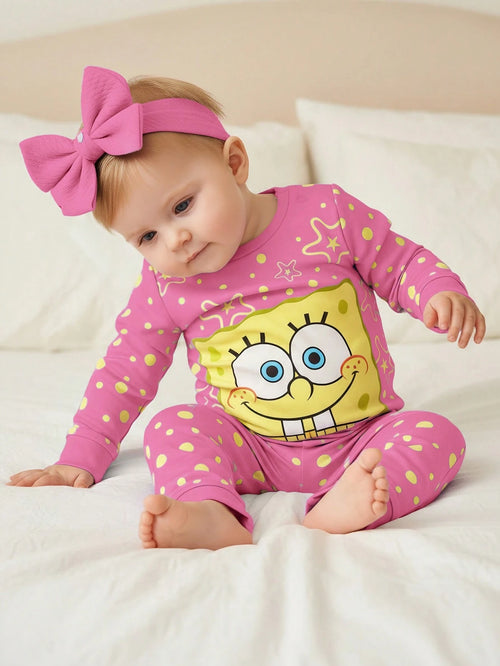 SpongeBob SquarePants| Baby Girl Geometric Cartoon Print Crew Neck Long Sleeve Top And Pants Casual Loungewear Set