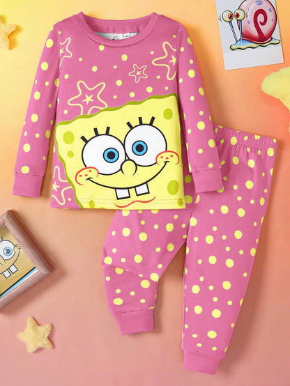 SpongeBob SquarePants| Baby Girl Geometric Cartoon Print Crew Neck Long Sleeve Top And Pants Casual Loungewear Set