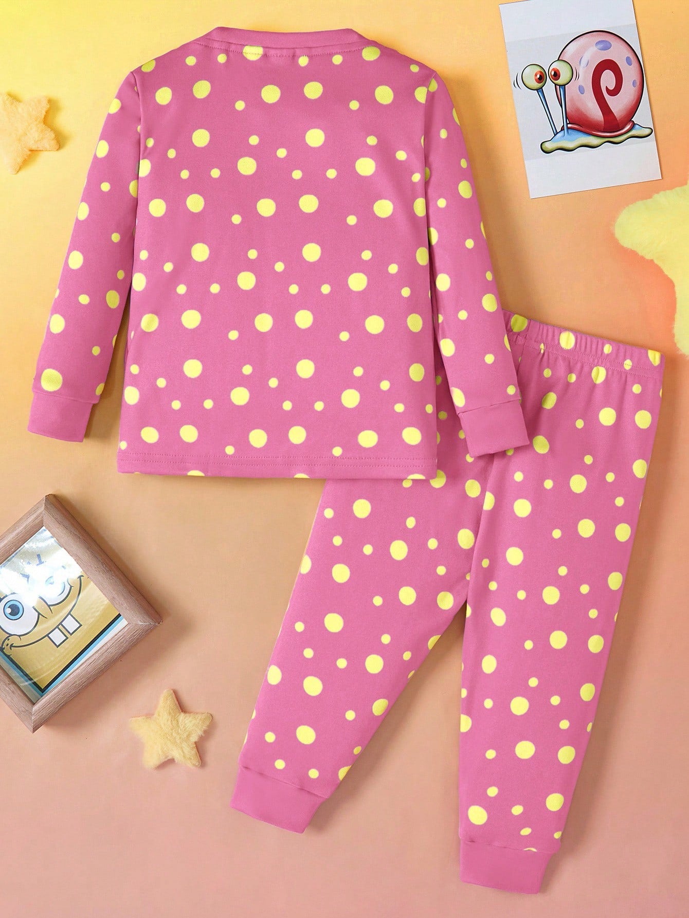 SpongeBob SquarePants| Baby Girl Geometric Cartoon Print Crew Neck Long Sleeve Top And Pants Casual Loungewear Set