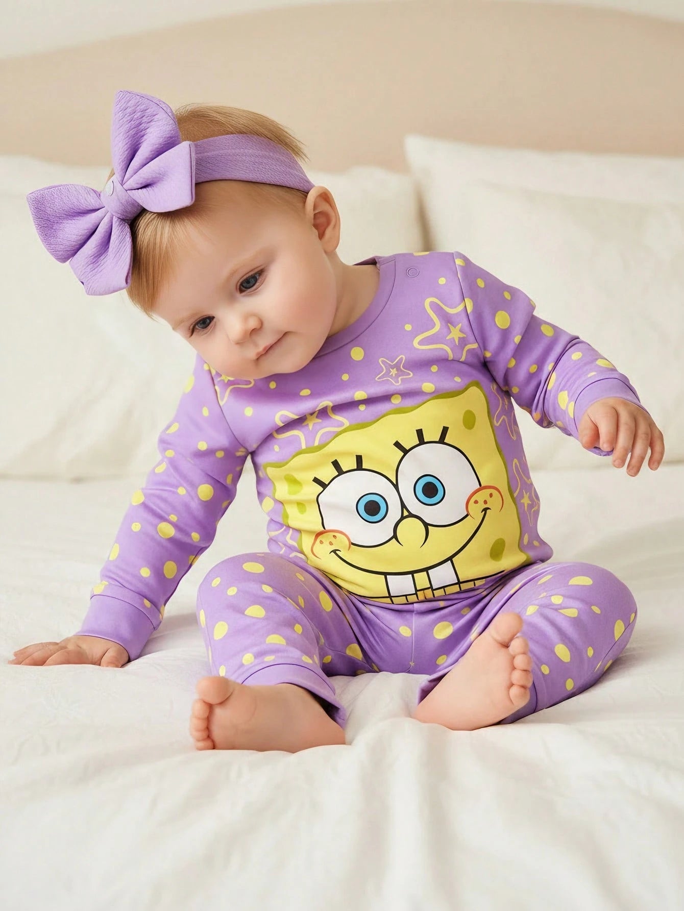 SpongeBob SquarePants| Baby Girl Geometric Cartoon Print Crew Neck Long Sleeve Top And Pants Casual Loungewear Set