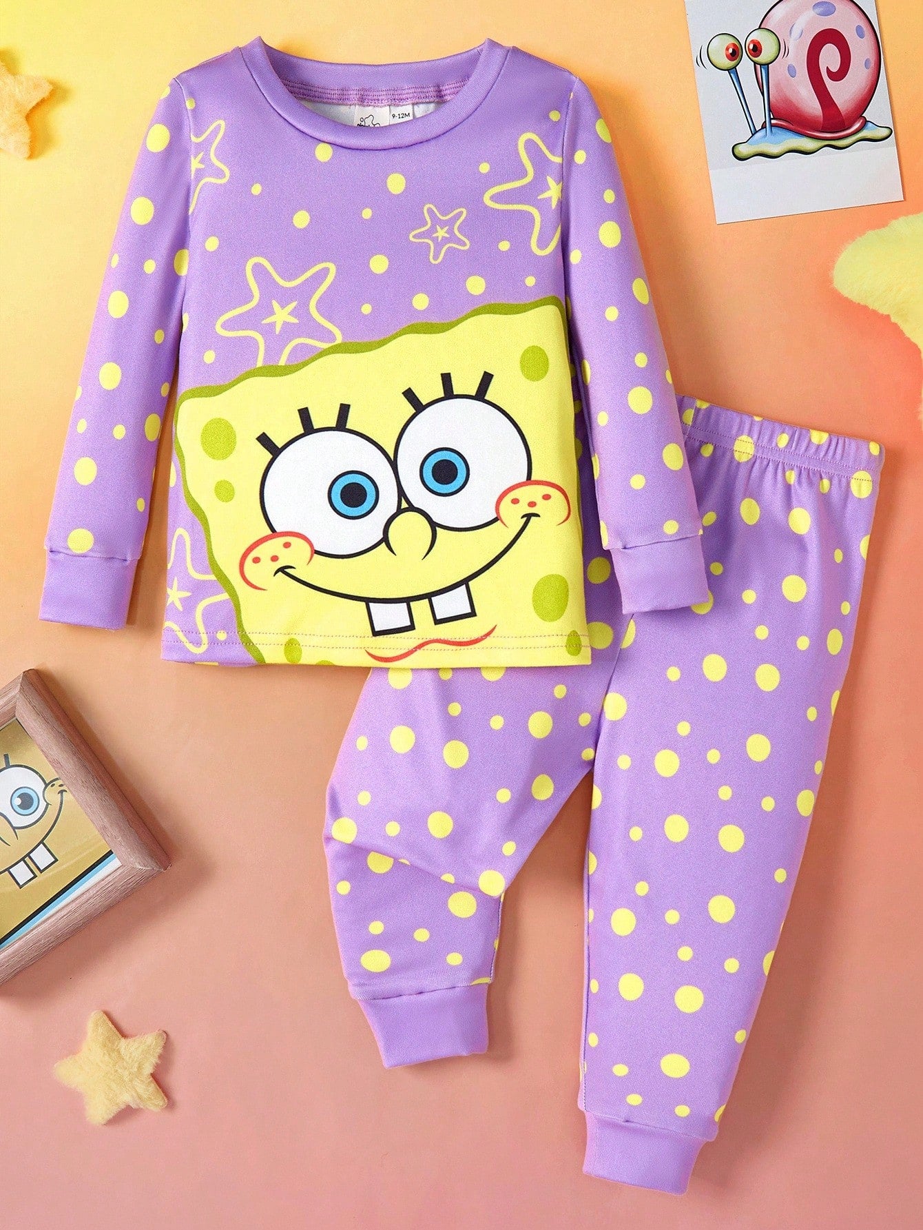SpongeBob SquarePants| Baby Girl Geometric Cartoon Print Crew Neck Long Sleeve Top And Pants Casual Loungewear Set