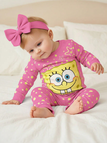 SpongeBob SquarePants| Baby Girl Geometric Cartoon Print Crew Neck Long Sleeve Top And Pants Casual Loungewear Set