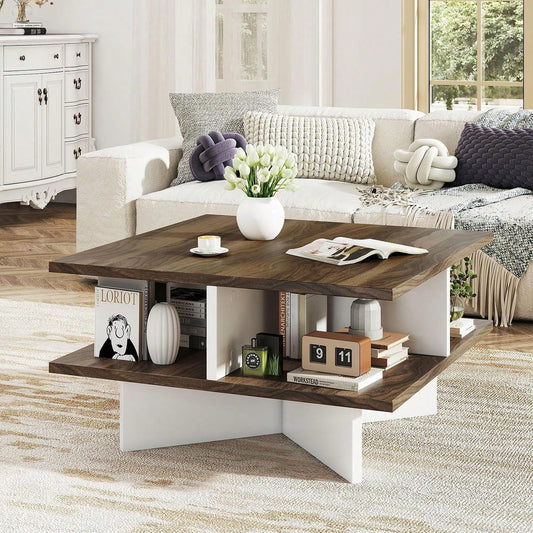 Square Coffee Table, Mid Century Modern Center Table With 4 Storage Compartments & Cross-Shape Base, 24 Inch Farmhouse Coffee Tables For Living Room (Walnut)