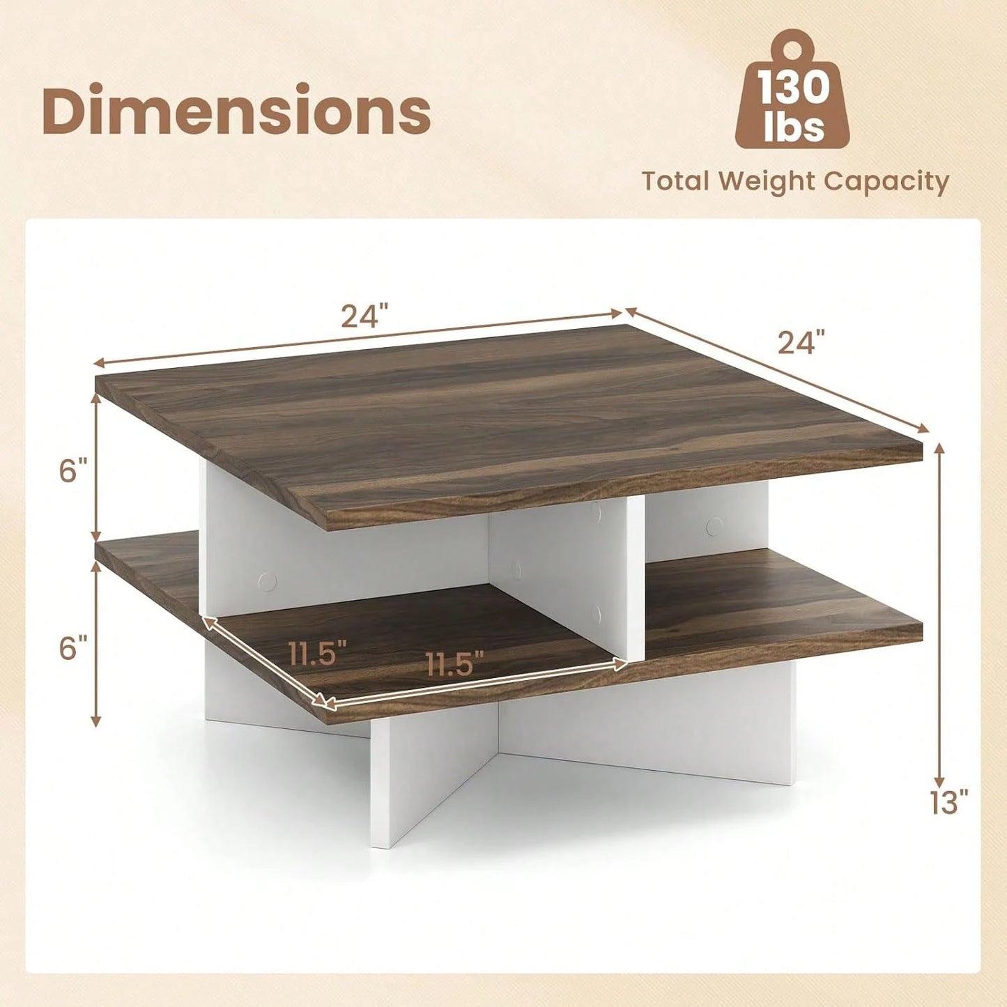 Square Coffee Table, Mid Century Modern Center Table With 4 Storage Compartments & Cross-Shape Base, 24 Inch Farmhouse Coffee Tables For Living Room (Walnut)