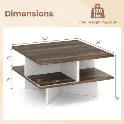 Square Coffee Table, Mid Century Modern Center Table With 4 Storage Compartments & Cross-Shape Base, 24 Inch Farmhouse Coffee Tables For Living Room (Walnut)