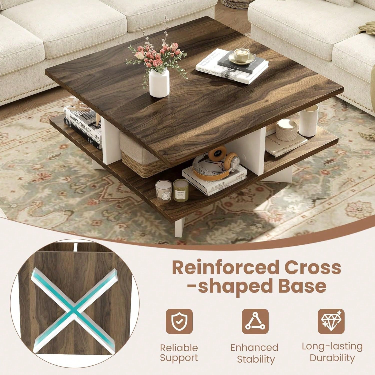 Square Coffee Table, Mid Century Modern Center Table With 4 Storage Compartments & Cross-Shape Base, 24 Inch Farmhouse Coffee Tables For Living Room (Walnut)