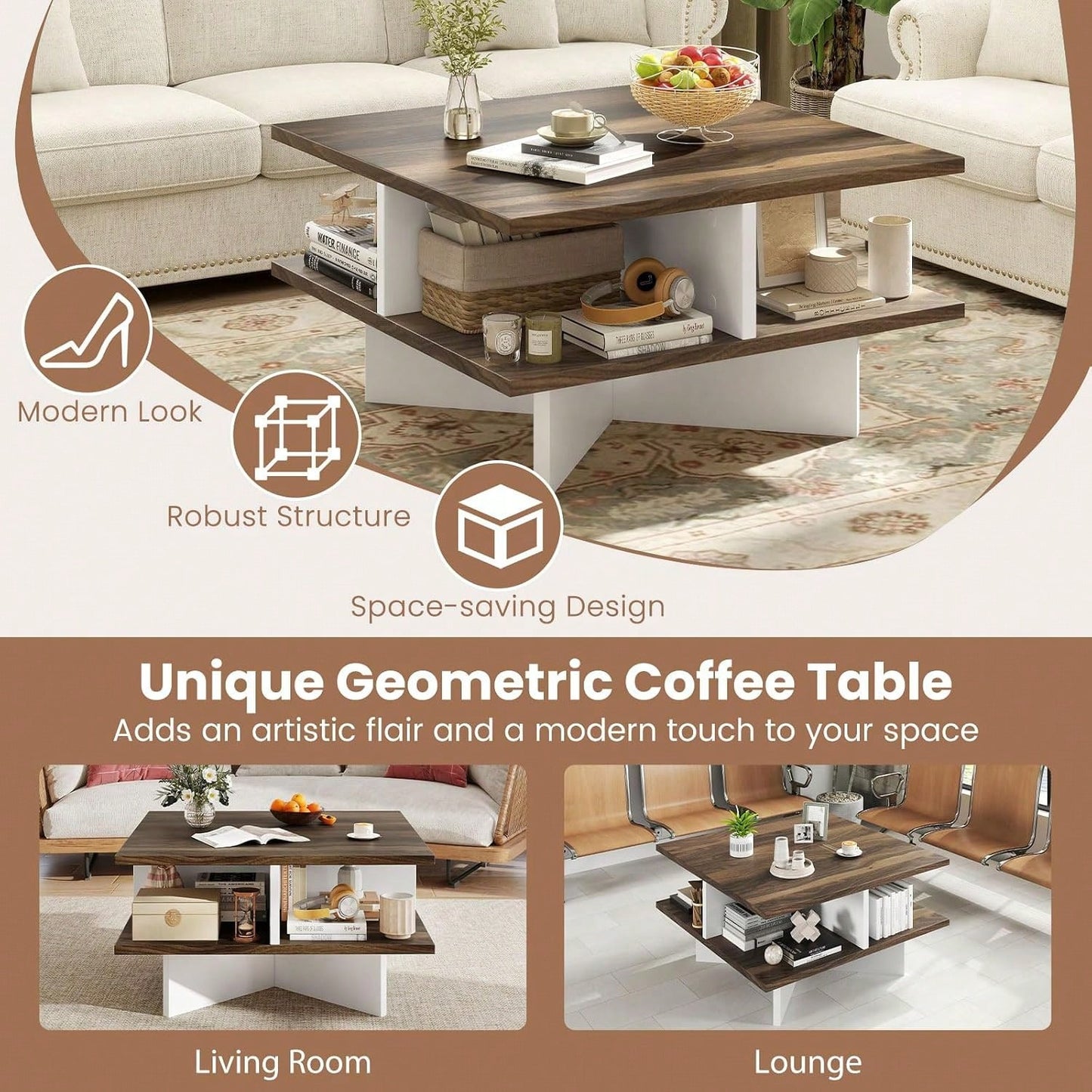 Square Coffee Table, Mid Century Modern Center Table With 4 Storage Compartments & Cross-Shape Base, 24 Inch Farmhouse Coffee Tables For Living Room (Walnut)
