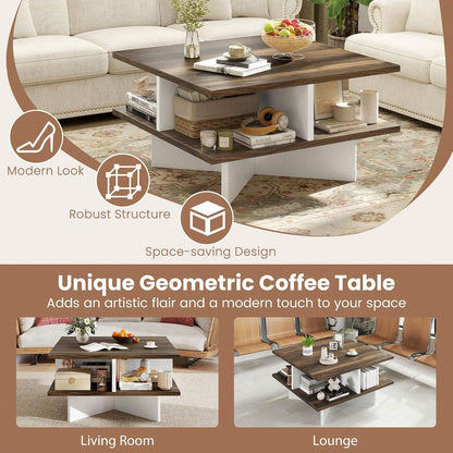 Square Coffee Table, Mid Century Modern Center Table With 4 Storage Compartments & Cross-Shape Base, 24 Inch Farmhouse Coffee Tables For Living Room (Walnut)