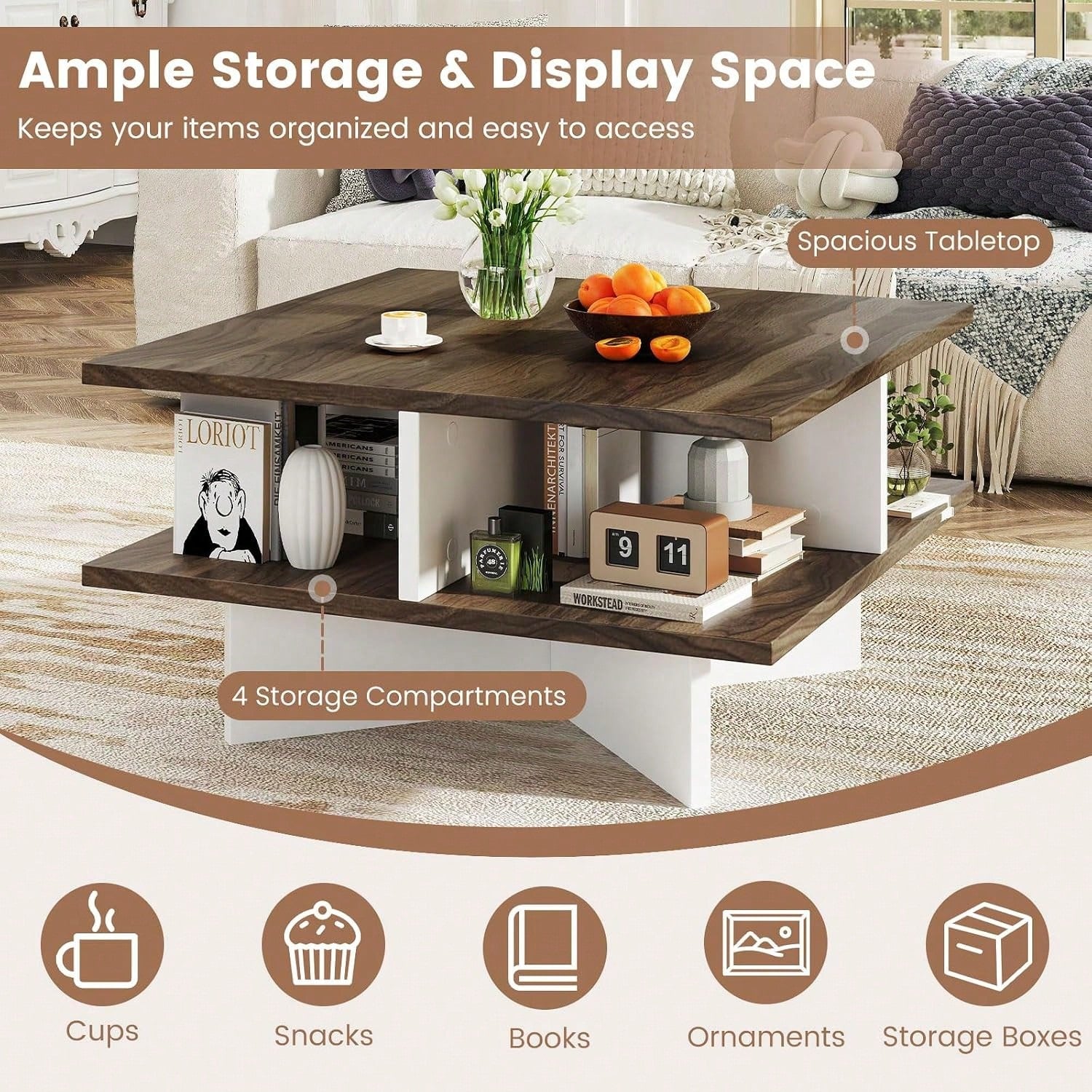 Square Coffee Table, Mid Century Modern Center Table With 4 Storage Compartments & Cross-Shape Base, 24 Inch Farmhouse Coffee Tables For Living Room (Walnut)