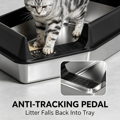 Stainless Steel Cat Litter Box With Anti-Splash Rim, High Side Open Top Metal Litter Pan With Foot Grate, Leak-Proof Easy Clean Cat Toilet For Indoor Kittens Adult Cats
