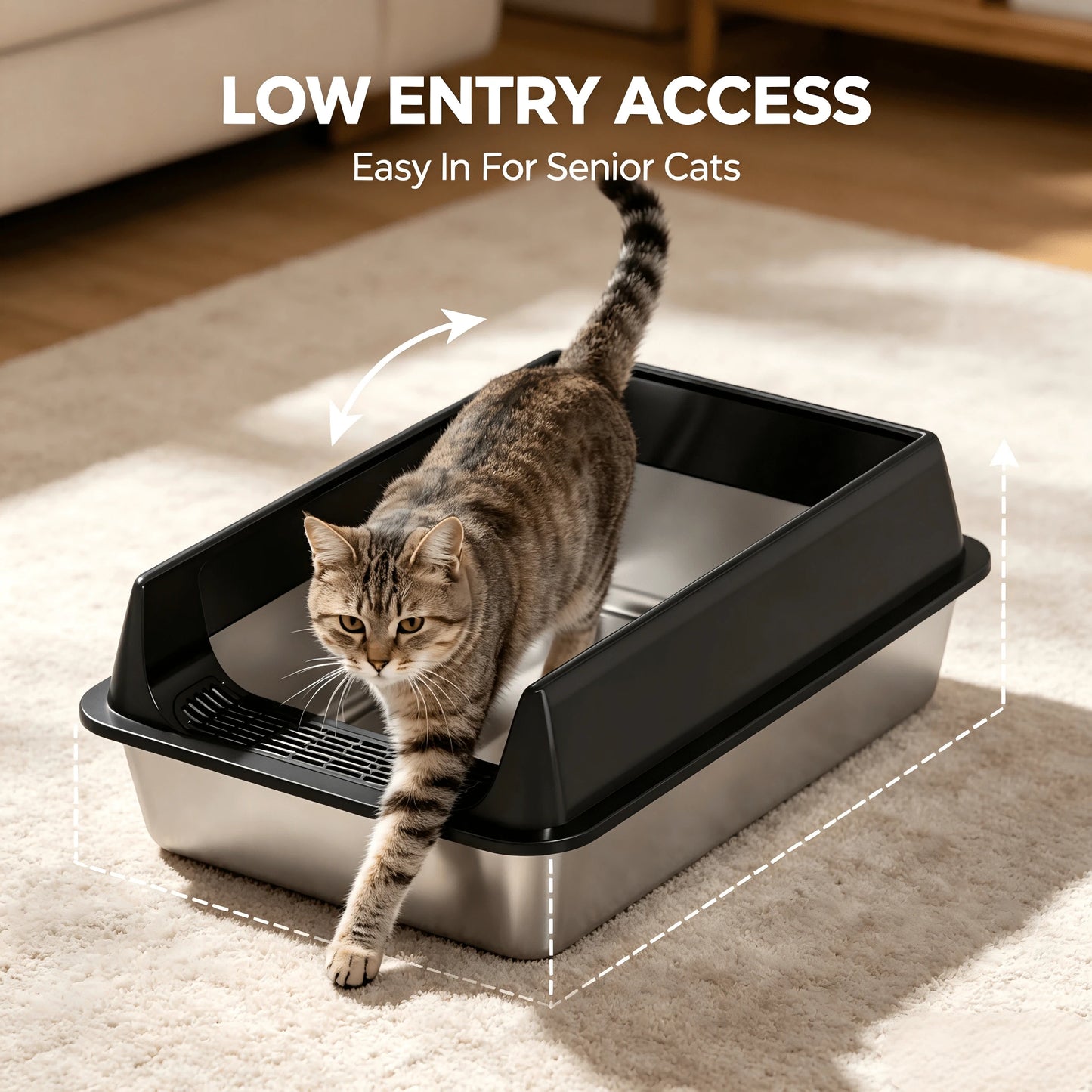 Stainless Steel Cat Litter Box With Anti-Splash Rim, High Side Open Top Metal Litter Pan With Foot Grate, Leak-Proof Easy Clean Cat Toilet For Indoor Kittens Adult Cats