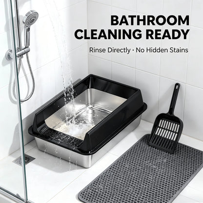 Stainless Steel Cat Litter Box With Anti-Splash Rim, High Side Open Top Metal Litter Pan With Foot Grate, Leak-Proof Easy Clean Cat Toilet For Indoor Kittens Adult Cats