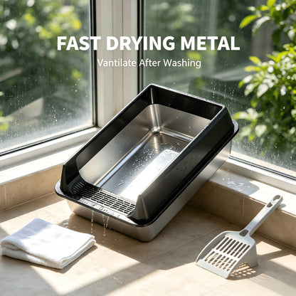 Stainless Steel Cat Litter Box With Anti-Splash Rim, High Side Open Top Metal Litter Pan With Foot Grate, Leak-Proof Easy Clean Cat Toilet For Indoor Kittens Adult Cats