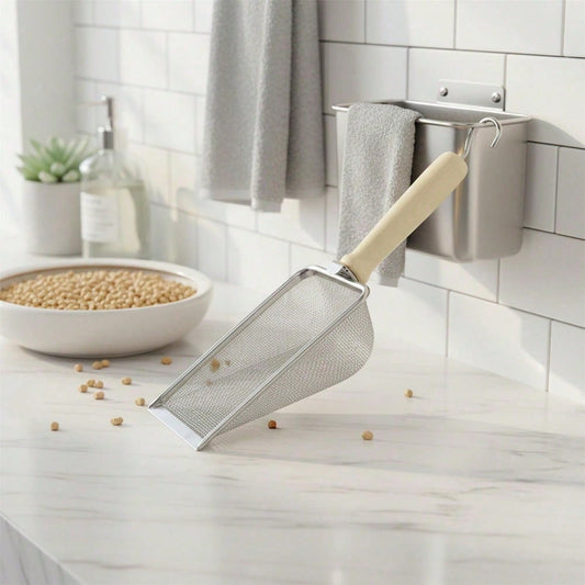 Stainless Steel Cat Litter Scoop With Long Non-Slip Handle, Fine Mesh Metal Sifter Shovel, Durable Cat Litter Box Cleaning Tool, Quick Waste Filtering Scooper, Pet Toilet Cleaning Accessories For Cats