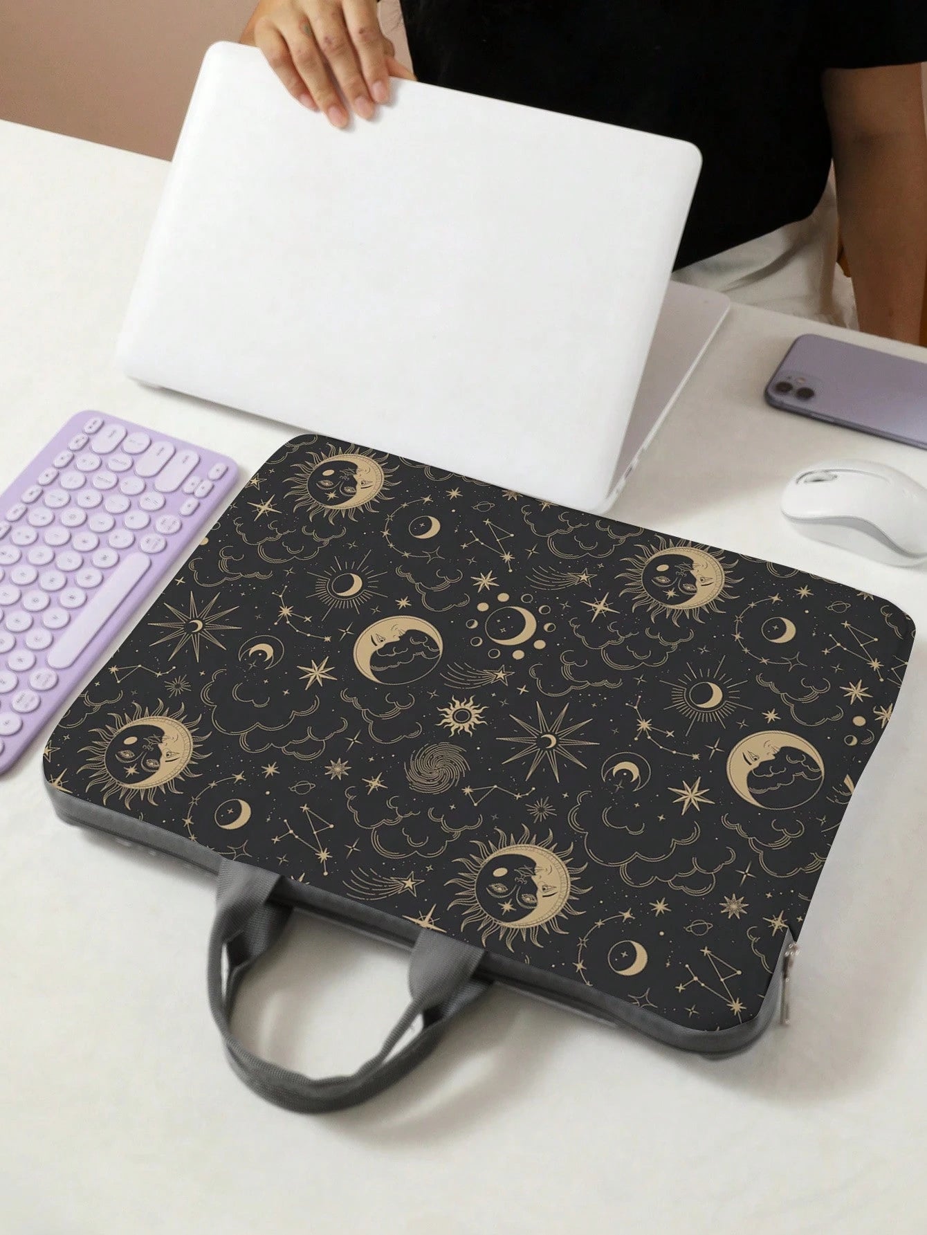 Star & Moon Pattern Printed Laptop Bag, Laptop Sleeve, Accessories, Soft Laptop Bag, Soft Laptop Sleeve, Laptop Case, Laptop Zipper Sleeve, Laptop Sleeve For School, Business, Office, Classroom, Class