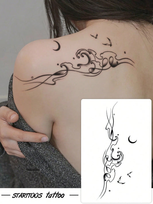 STARTTOOS Large Arm Tattoo Sticker- Black Aesthetic Wave, Bird, Crescent Moon Pattern Spine-Shaped Temporary Tattoo Sticker For Party Gift, Holiday Gift, Arm, Waist, Abdomen, Leg, 1pc/Pack