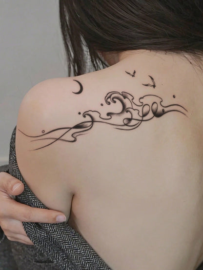 STARTTOOS Large Arm Tattoo Sticker- Black Aesthetic Wave, Bird, Crescent Moon Pattern Spine-Shaped Temporary Tattoo Sticker For Party Gift, Holiday Gift, Arm, Waist, Abdomen, Leg, 1pc/Pack
