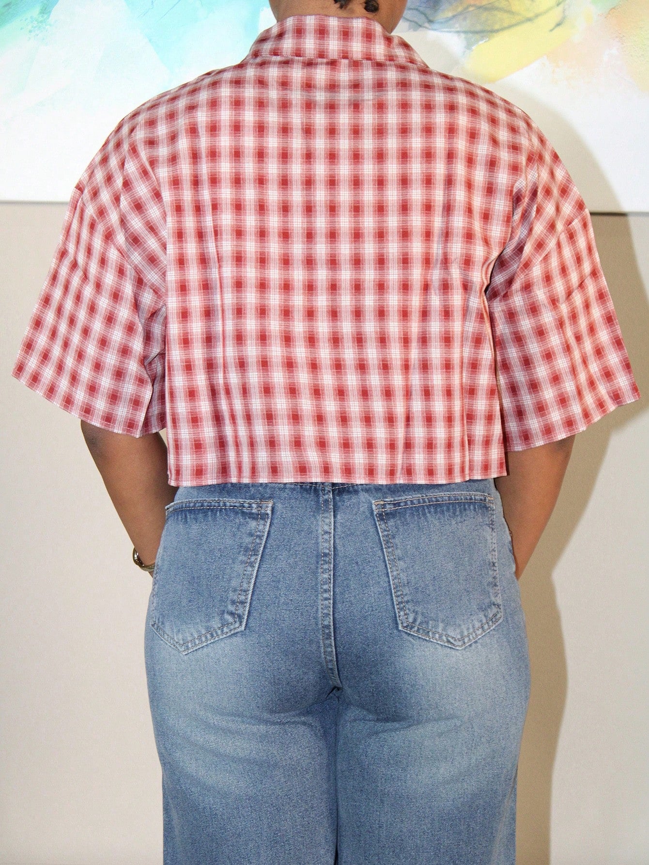 Steph T Women's Spring/Summer Vintage Preppy Crop Plaid Loose Crop Tops Red Shirt For New Years
