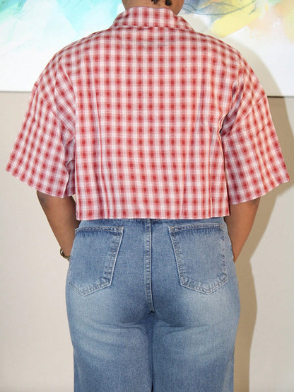 Steph T Women's Spring/Summer Vintage Preppy Crop Plaid Loose Crop Tops Red Shirt For New Years