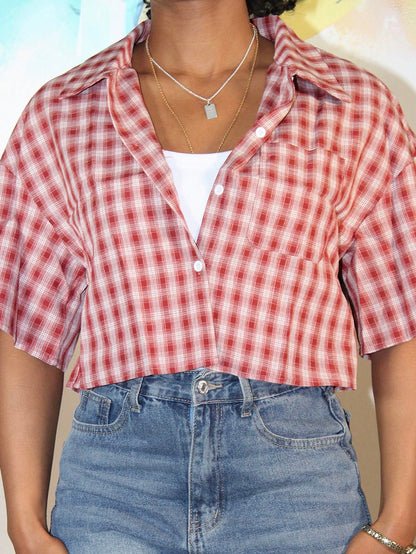 Steph T Women's Spring/Summer Vintage Preppy Crop Plaid Loose Crop Tops Red Shirt For New Years