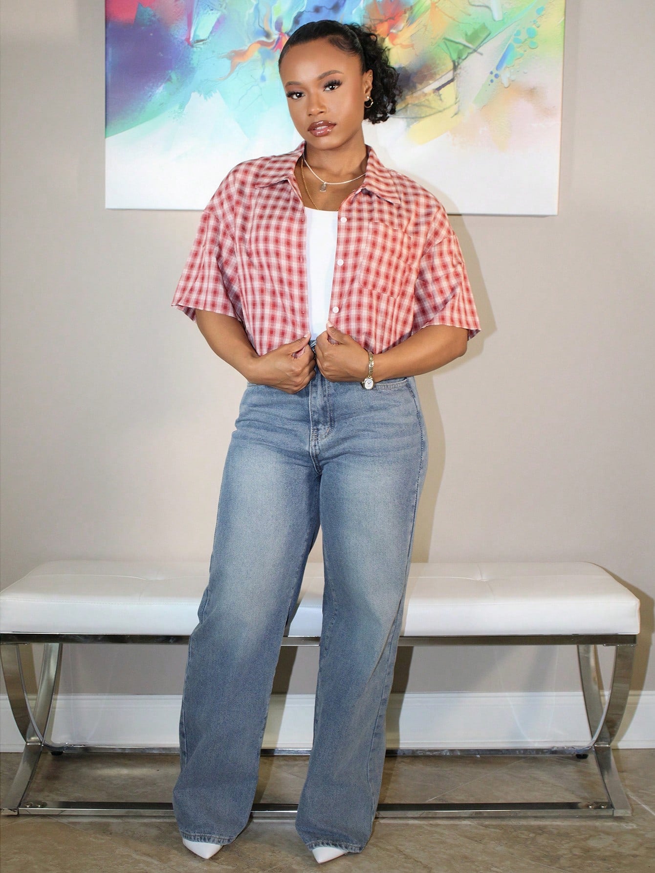 Steph T Women's Spring/Summer Vintage Preppy Crop Plaid Loose Crop Tops Red Shirt For New Years