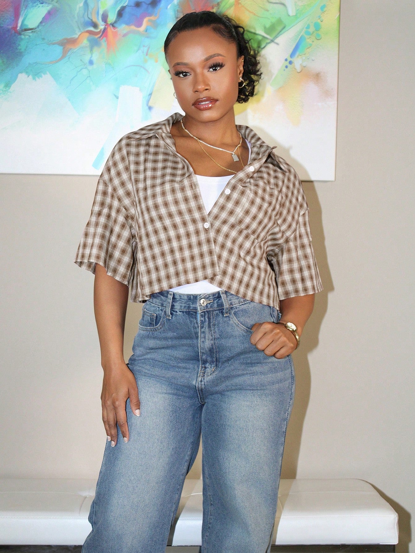 Steph T Women's Spring/Summer Vintage Preppy Crop Plaid Loose Crop Tops Red Shirt For New Years