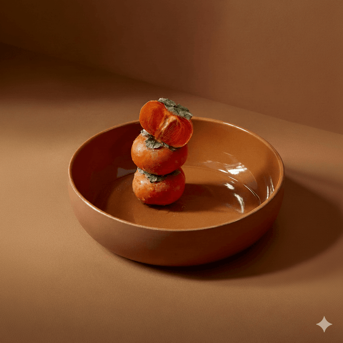 Three stacked persimmons on a brown plate with a brown background