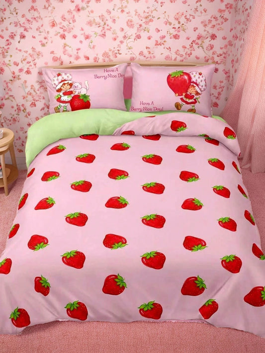 Strawberry Shortcake X 3Pc Strawberry Print Quilt Set, Sanded Material, Soft And Warm, Multiple Sizes, Suitable For Single Bed/Double Bed/Queen Bed/King Bed, Machine Washable