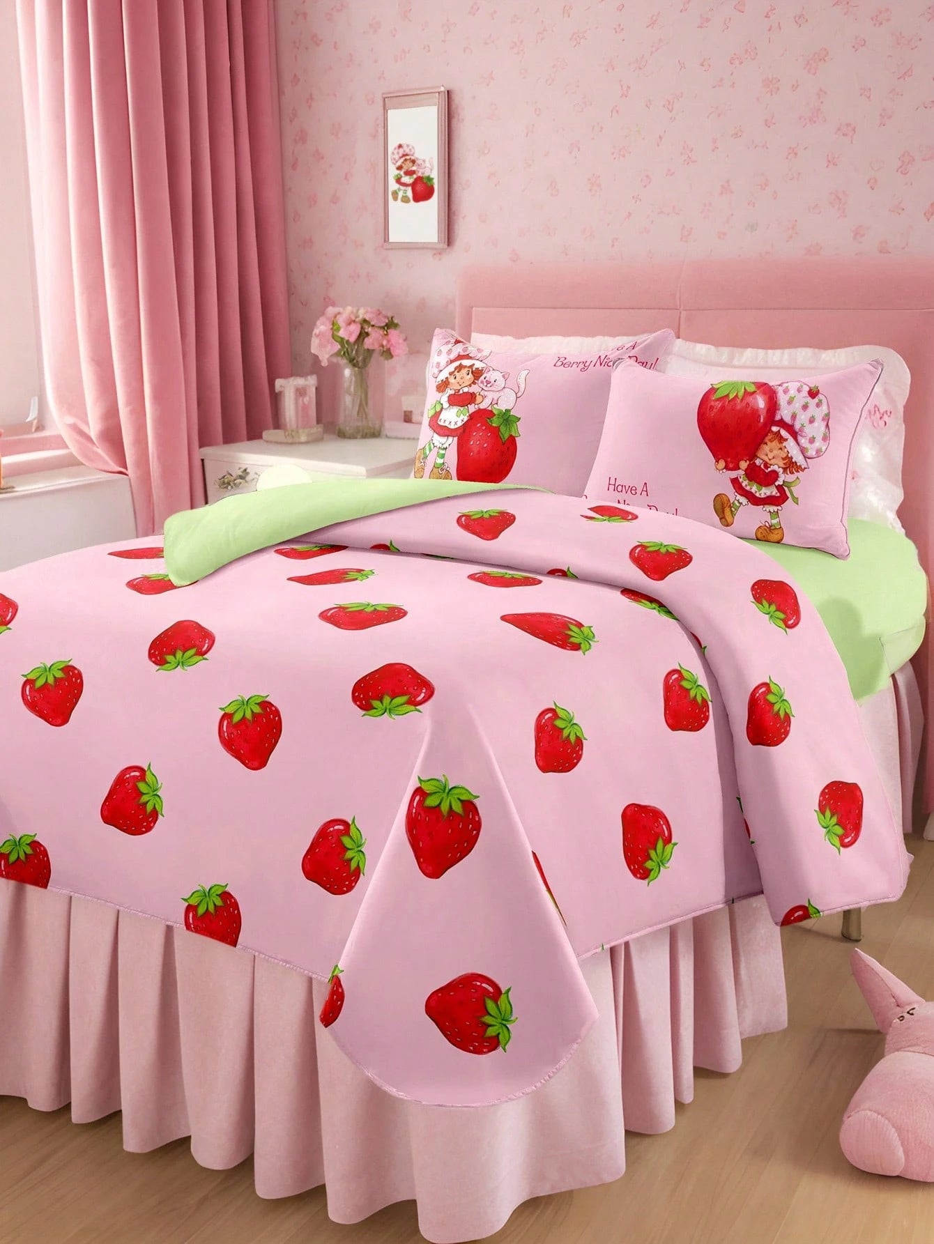 Strawberry Shortcake X 3Pc Strawberry Print Quilt Set, Sanded Material, Soft And Warm, Multiple Sizes, Suitable For Single Bed/Double Bed/Queen Bed/King Bed, Machine Washable