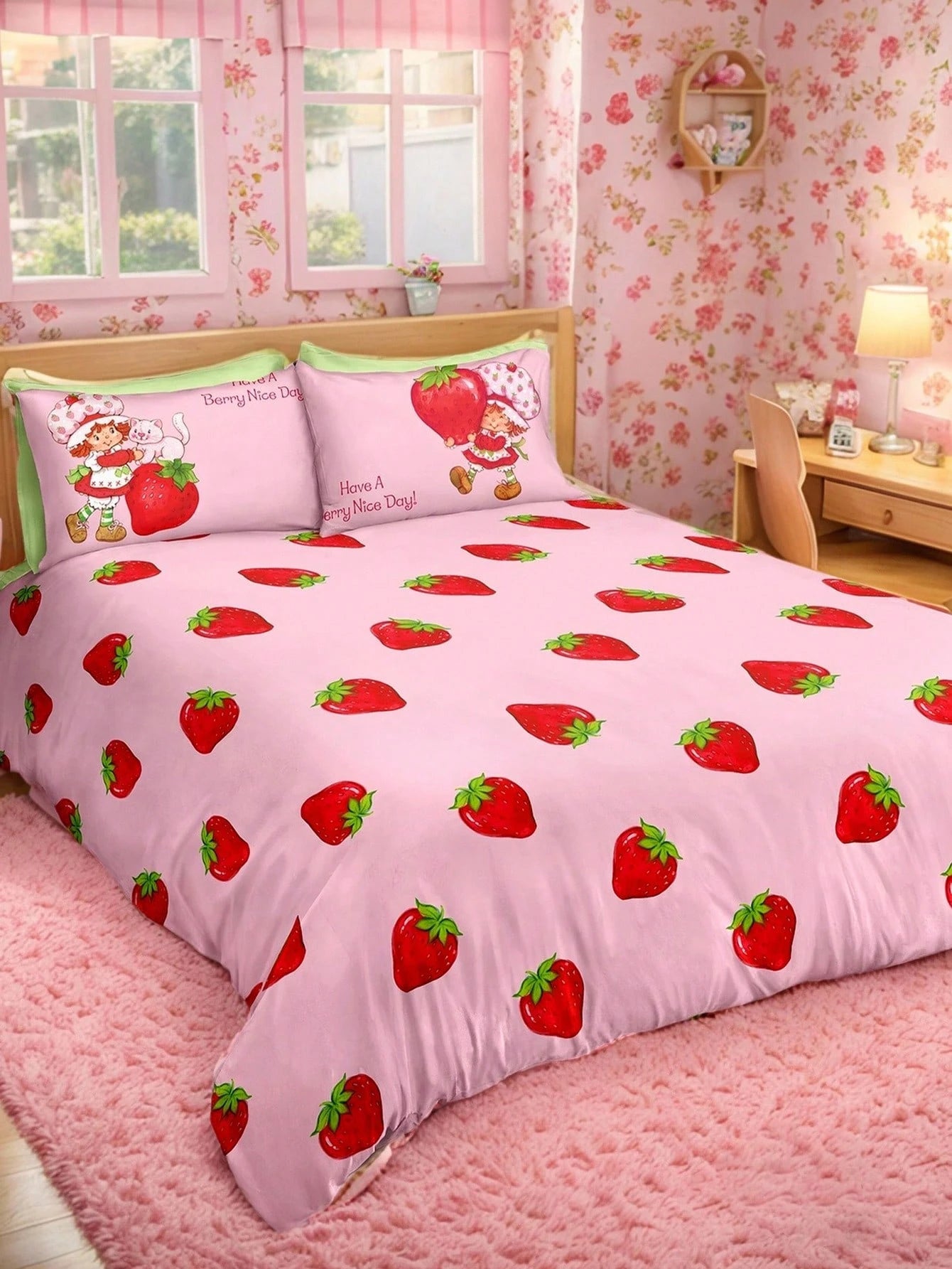 Strawberry Shortcake X 3Pc Strawberry Print Quilt Set, Sanded Material, Soft And Warm, Multiple Sizes, Suitable For Single Bed/Double Bed/Queen Bed/King Bed, Machine Washable