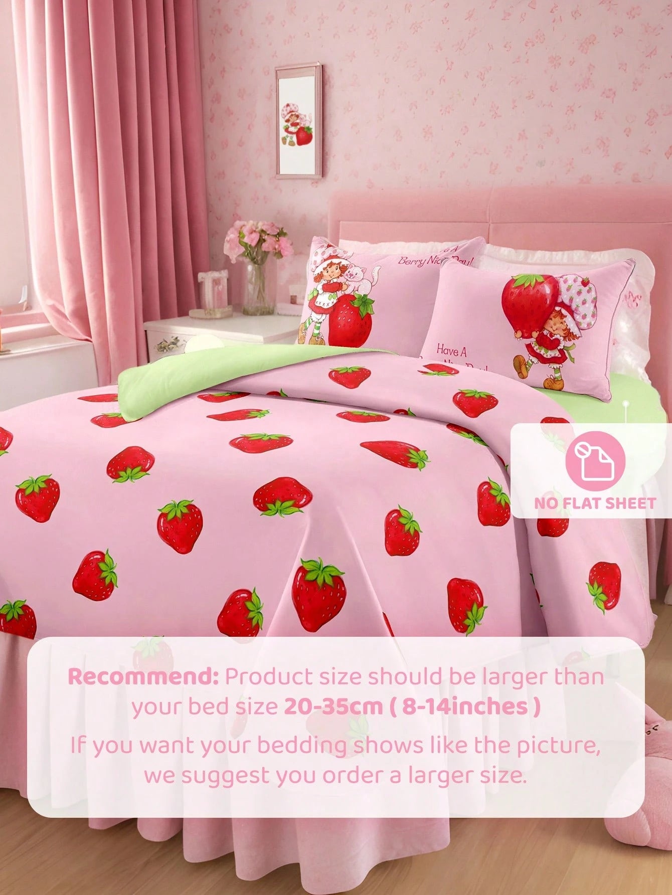 Strawberry Shortcake X 3Pc Strawberry Print Quilt Set, Sanded Material, Soft And Warm, Multiple Sizes, Suitable For Single Bed/Double Bed/Queen Bed/King Bed, Machine Washable