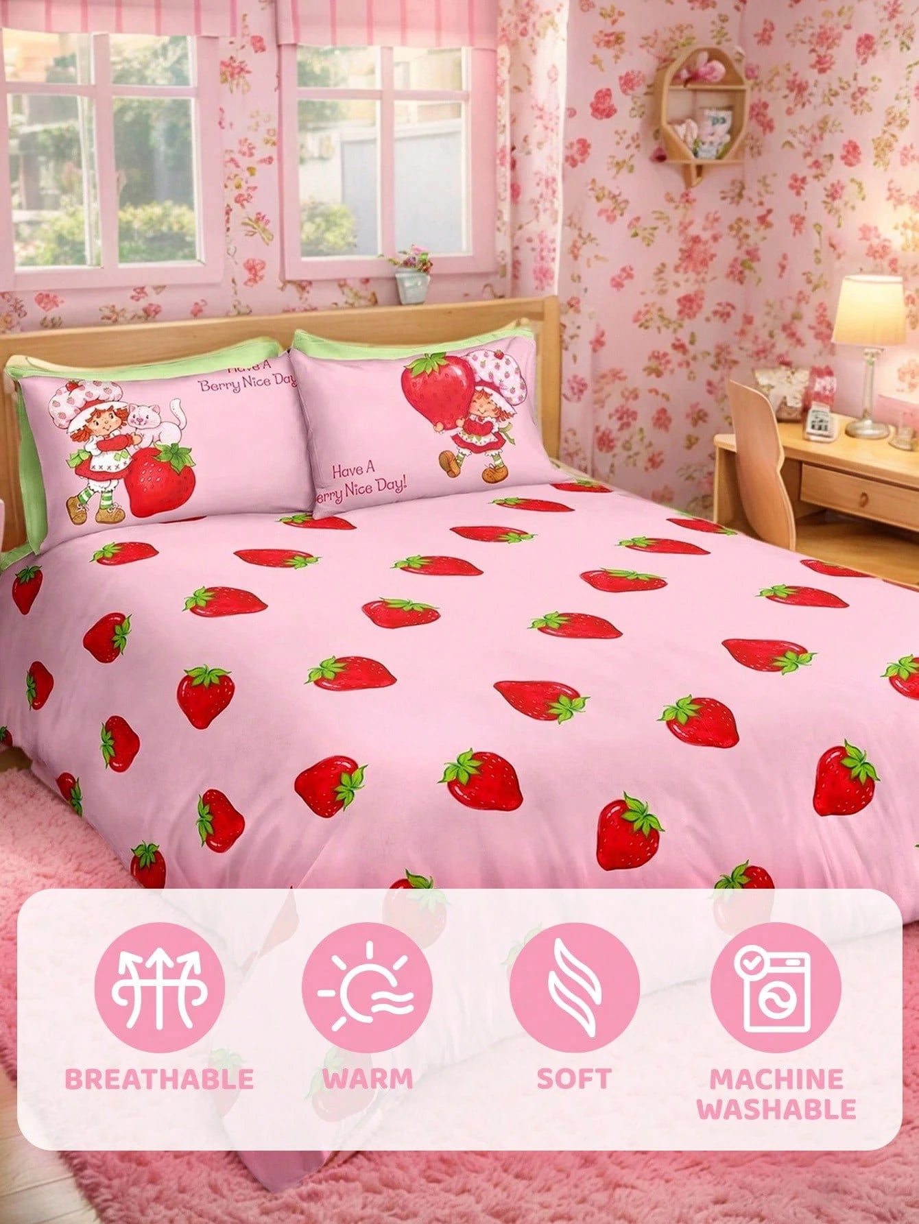 Strawberry Shortcake X 3Pc Strawberry Print Quilt Set, Sanded Material, Soft And Warm, Multiple Sizes, Suitable For Single Bed/Double Bed/Queen Bed/King Bed, Machine Washable