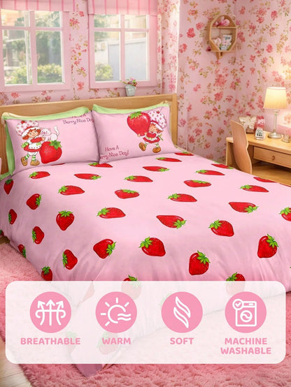 Strawberry Shortcake X 3Pc Strawberry Print Quilt Set, Sanded Material, Soft And Warm, Multiple Sizes, Suitable For Single Bed/Double Bed/Queen Bed/King Bed, Machine Washable