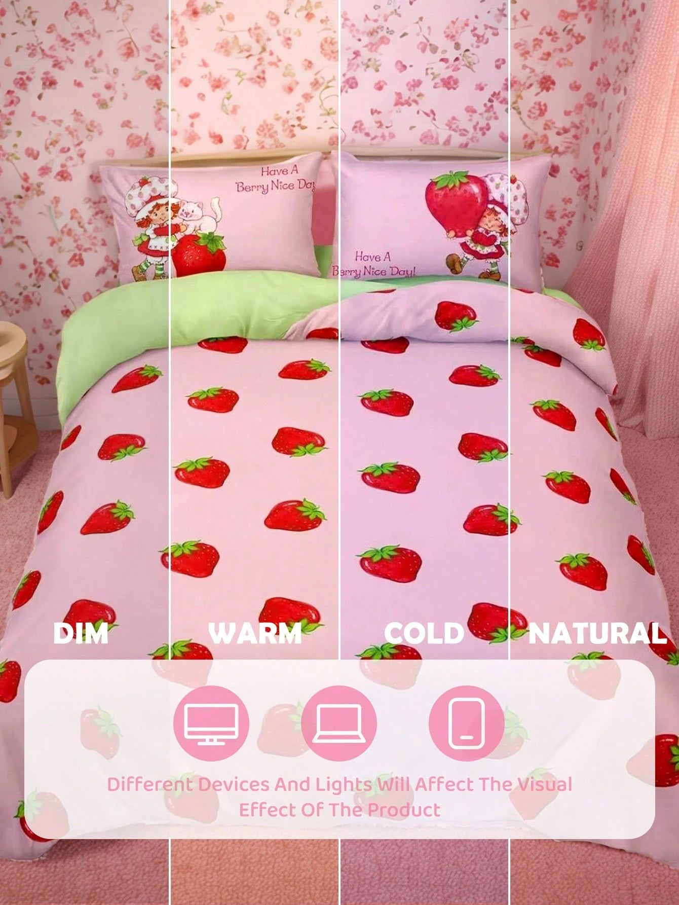 Strawberry Shortcake X 3Pc Strawberry Print Quilt Set, Sanded Material, Soft And Warm, Multiple Sizes, Suitable For Single Bed/Double Bed/Queen Bed/King Bed, Machine Washable