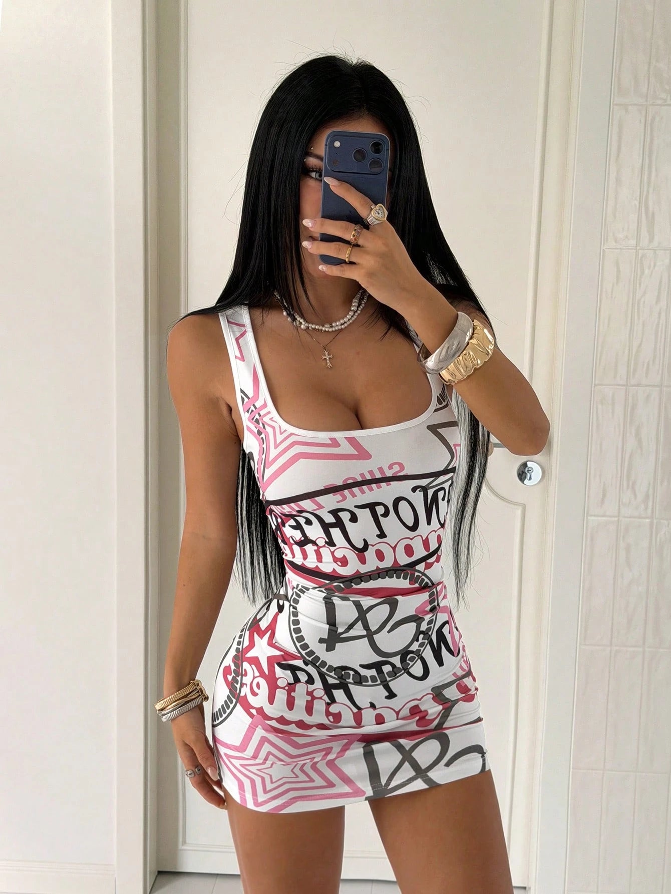 StreetHx Sweet Cool Girl Sexy Spicy Style INS Niche Personalized Street Letter Graffiti Print Elastic Slimming Bodycon Camisole Dress Club Going Out