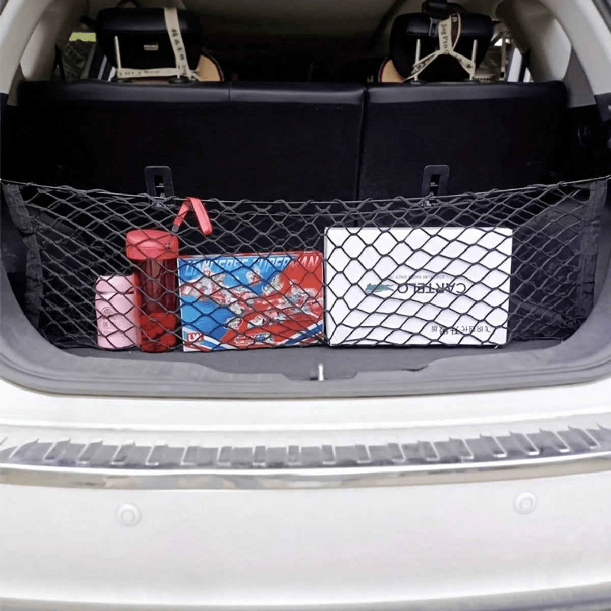 Stretchable Nylon Car Trunk Cargo Storage Net With Strong Metal Hooks, Universal Elastic Trunk Organizer Mesh Holder, Heavy Duty Flexible Luggage Fixed Net, Easy Install Auto Storage Accessory For Pic